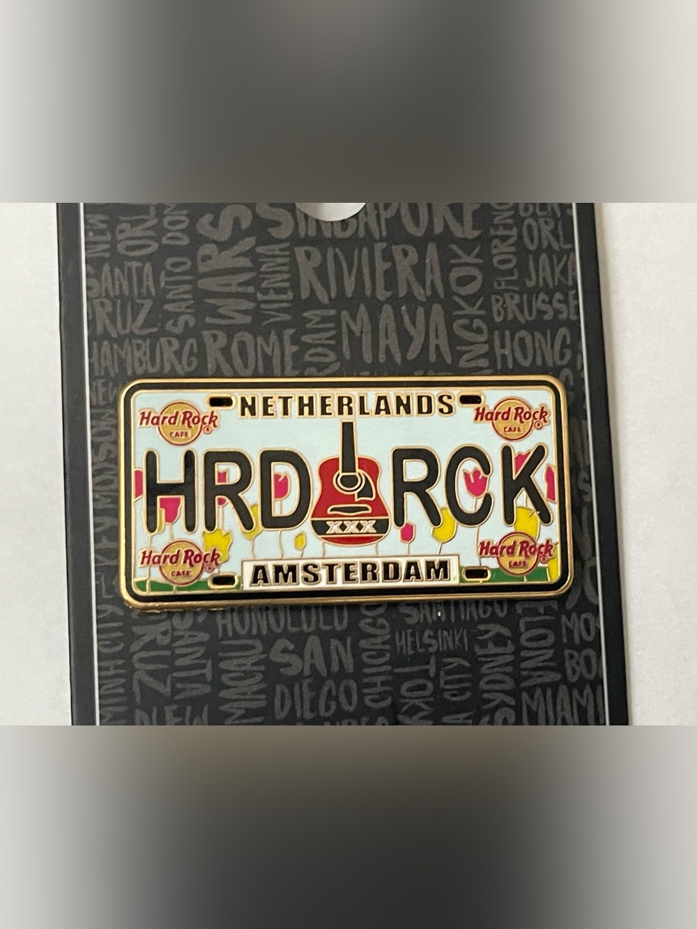 Hard Rock Cafe Amsterdam License Plate Pin - White, Red, Gold, Black - Picture 2 of 6